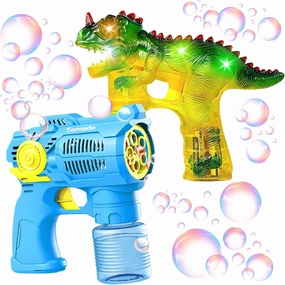 2 Pack Dinosaur and Tornado Bubble Gun Shooter, Refill Bottles and Batteries Included, Bubble Blower for Toddlers, Kids, Parties