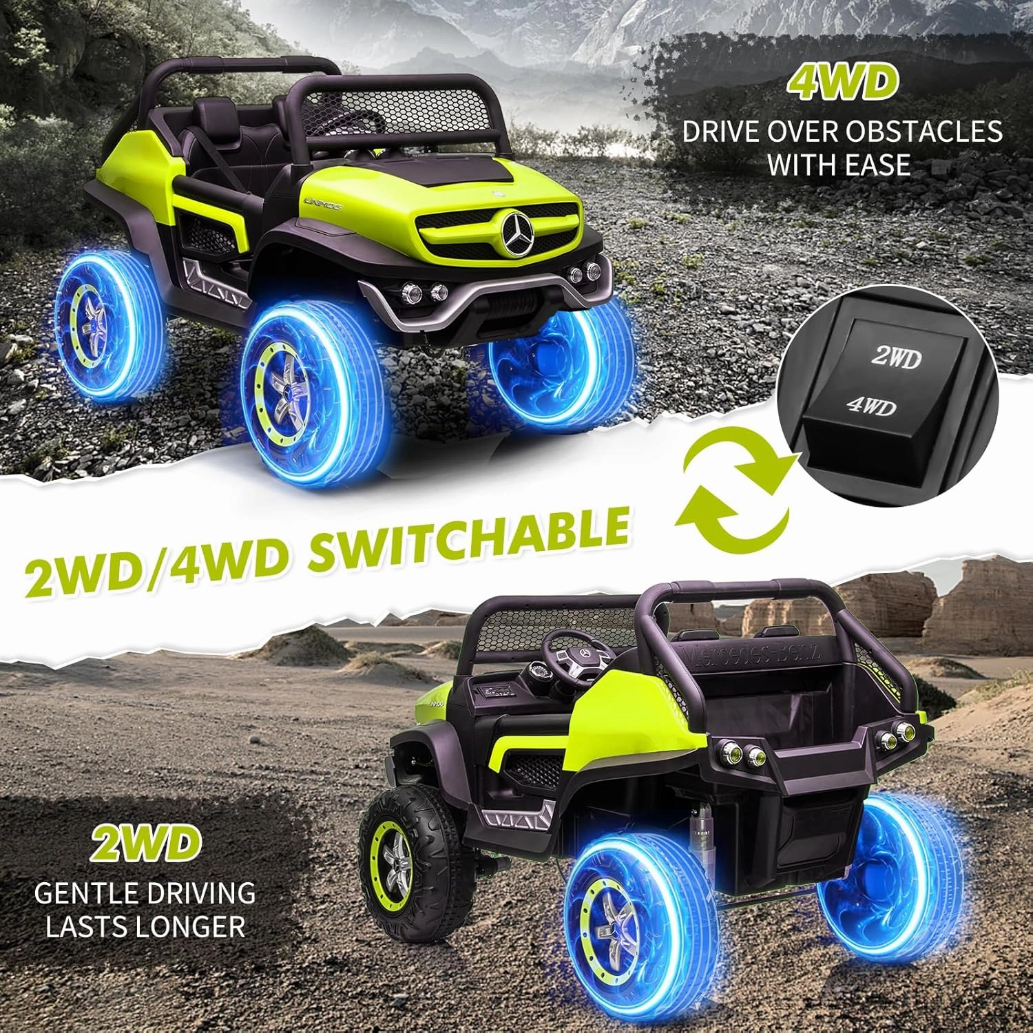 2 Seater Kids Ride On Truck 24V Ride On Toy Licensed Mercedes Benz Battery Powered Electric Vehicle for Toddles With Remote Control, Battery Display, Trunk, Spring Suspension, Led Lights, Music, Green