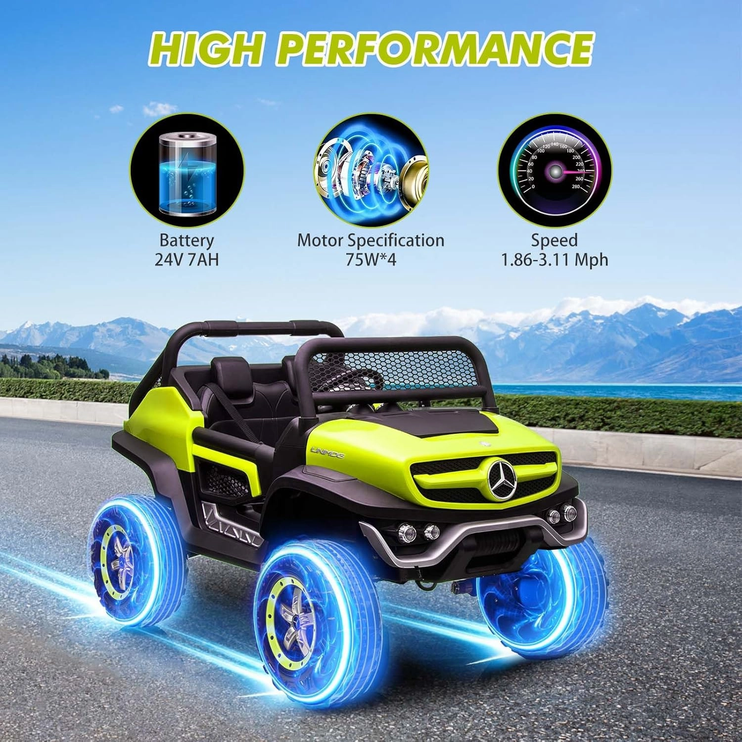 2 Seater Kids Ride On Truck 24V Ride On Toy Licensed Mercedes Benz Battery Powered Electric Vehicle for Toddles With Remote Control, Battery Display, Trunk, Spring Suspension, Led Lights, Music, Green