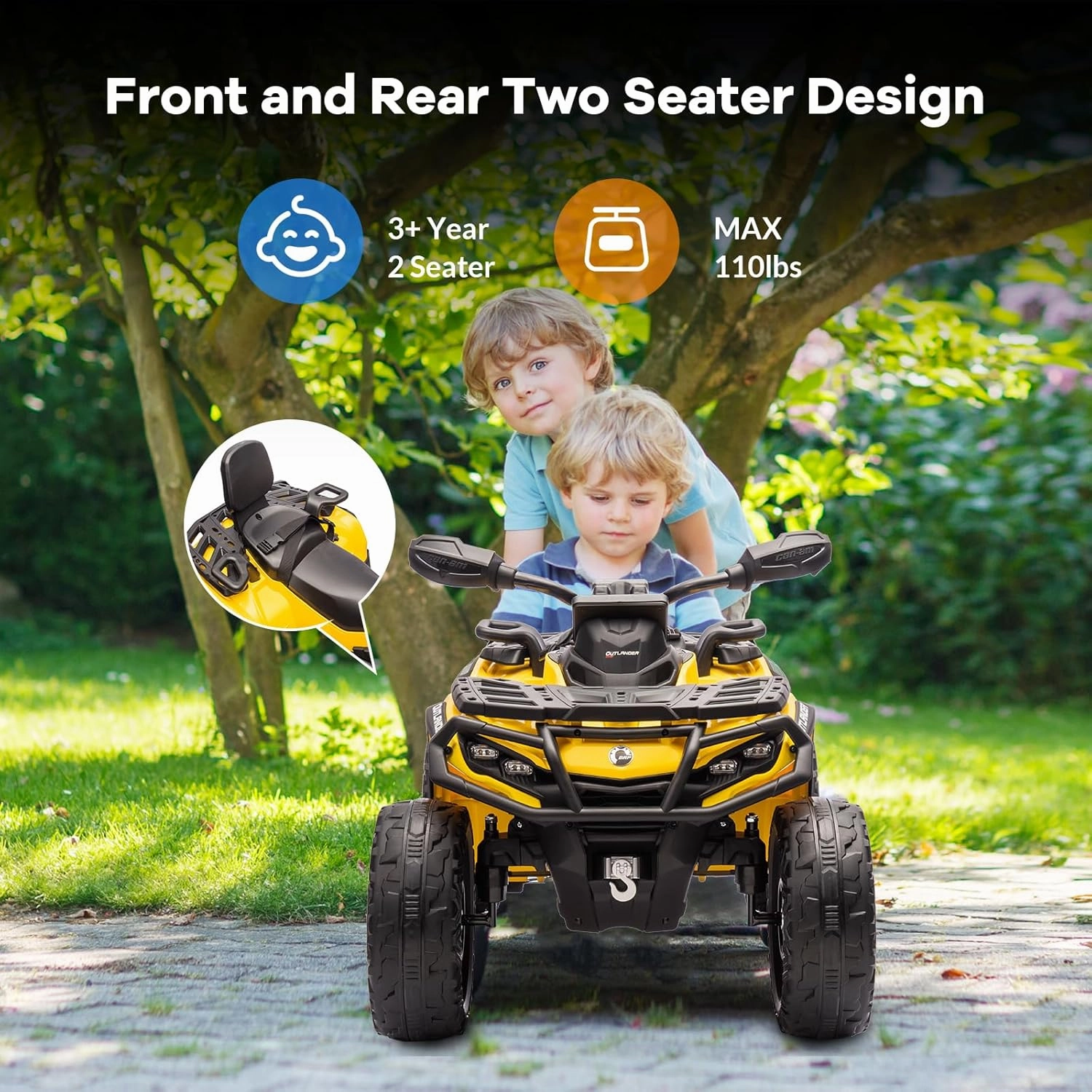 2 Seater Ride On Car, 24V 4WD Electric ATV Car for Kids, Leather Seaters, Safety Belt, Bluetooth, 1.86 to 4.79 Mph 4 Wheeler Electric Toy Car As Gift for Boys, Girls, Yellow