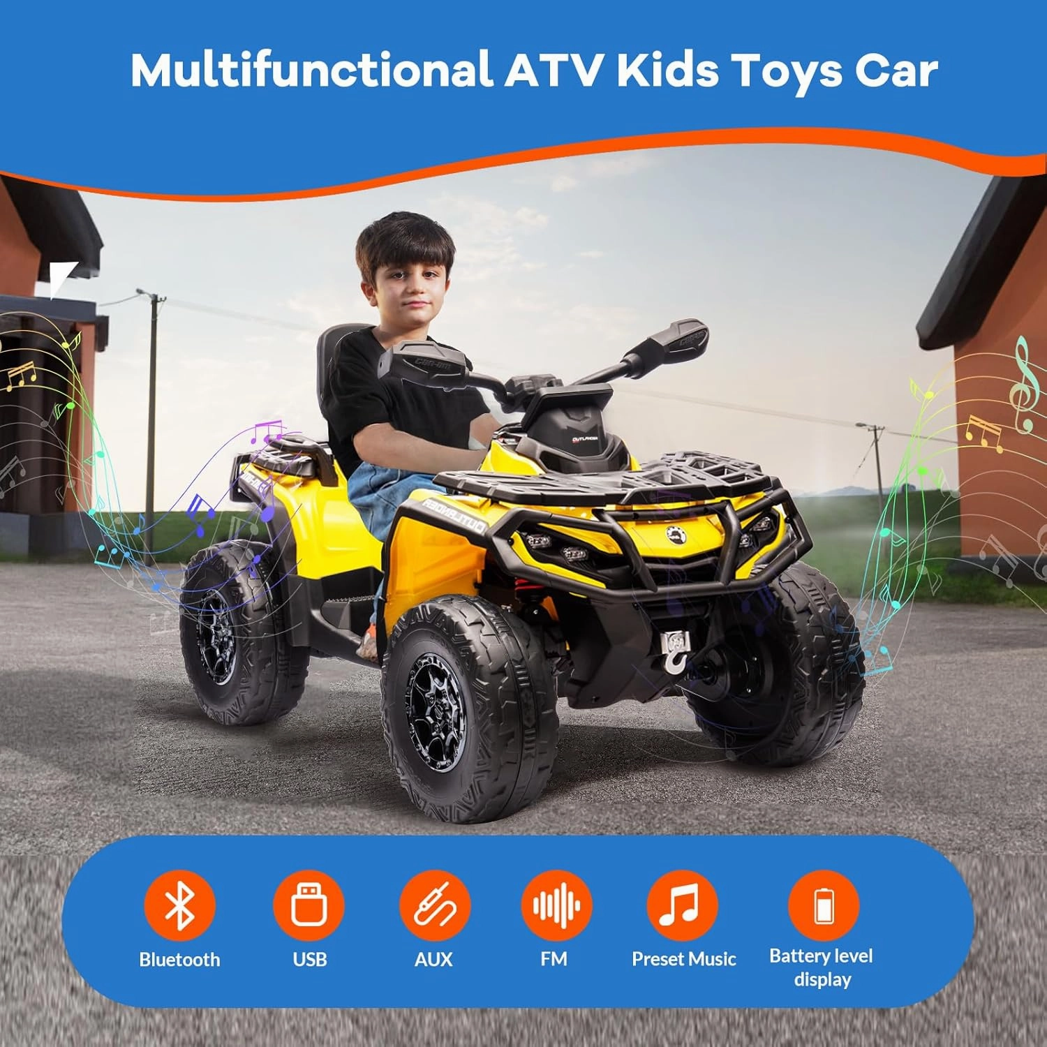 2 Seater Ride On Car, 24V 4WD Electric ATV Car for Kids, Leather Seaters, Safety Belt, Bluetooth, 1.86 to 4.79 Mph 4 Wheeler Electric Toy Car As Gift for Boys, Girls, Yellow