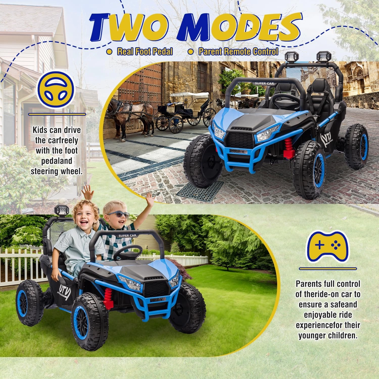 2 Seater Ride on Toys for Big Kids, 24V 7AH Ride on Electric Car W/Parents Control, 20 "Wide Seater, 4.97MPH, 400W Super Power, 4-Wheeler Suspension, LED Light, Bluetooth (Blue)