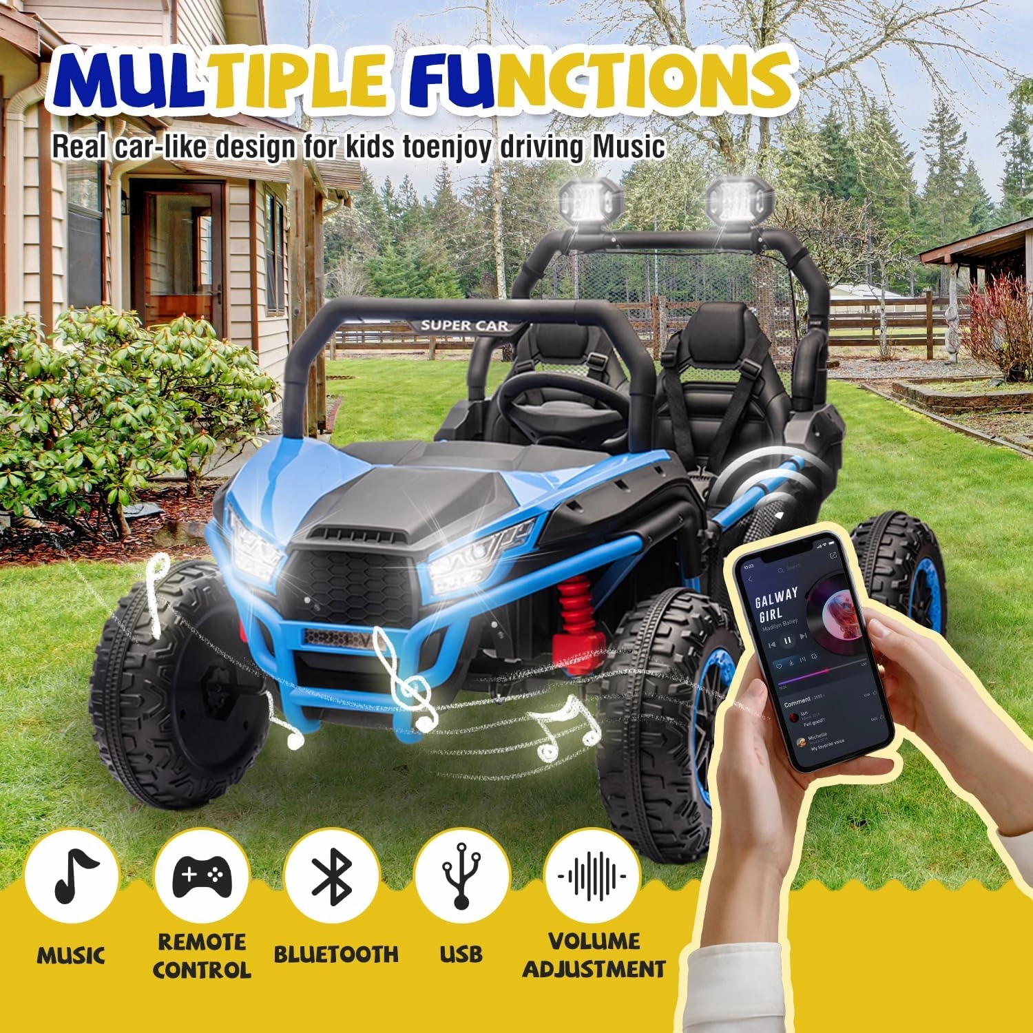 2 Seater Ride on Toys for Big Kids, 24V 7AH Ride on Electric Car W/Parents Control, 20 "Wide Seater, 4.97MPH, 400W Super Power, 4-Wheeler Suspension, LED Light, Bluetooth (Blue)