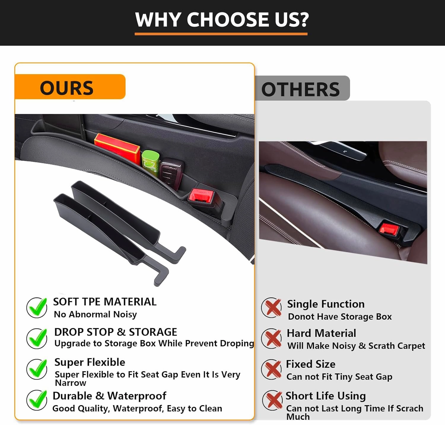 2PCS Car Seat Gap Filler Organizer, Blocker Between Seats, Seat Gap Filler, Car Seat Accessories, Car Seat Side Gap Filler, Universal Fit Car SUV Truck Prevent Phone, coins Falling (Brown)