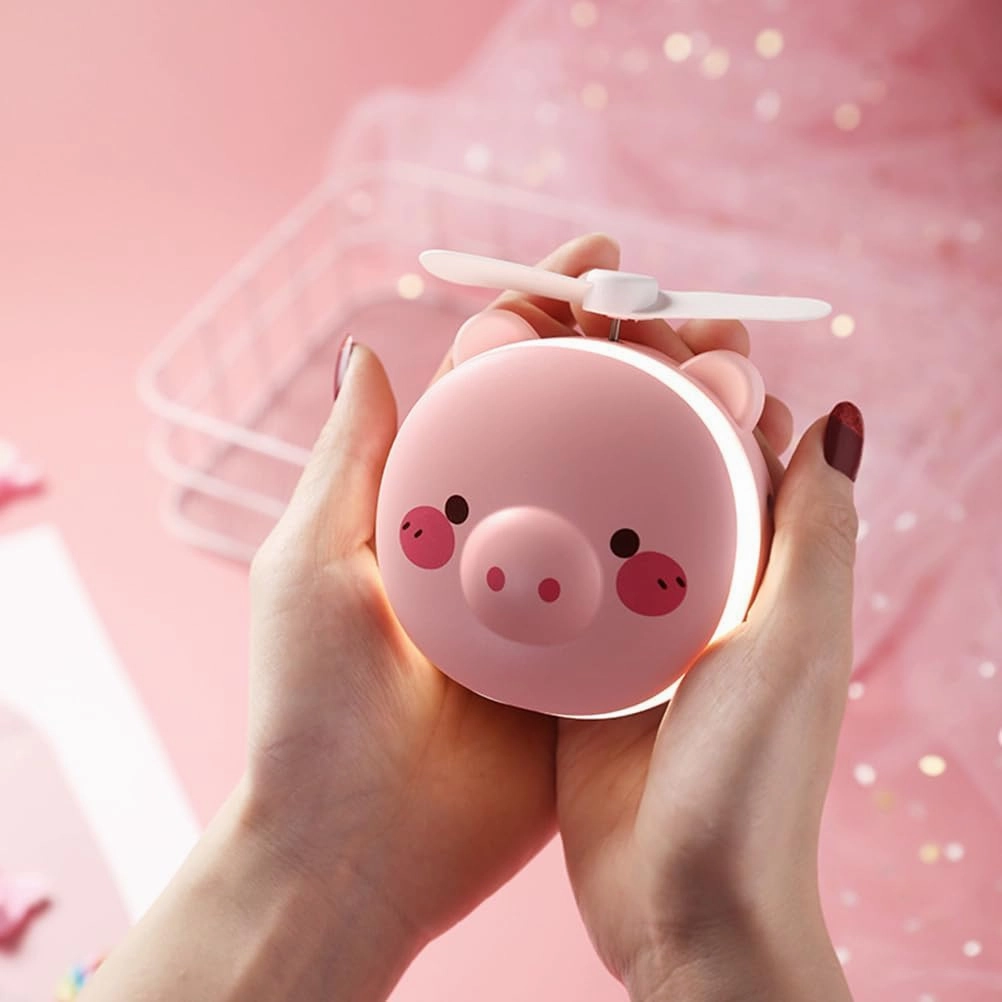 2Pcs LED Makeup Mirror with USB Rechargeable Multi Function Cartoon Pig Style Fan Portable Pocket Fan