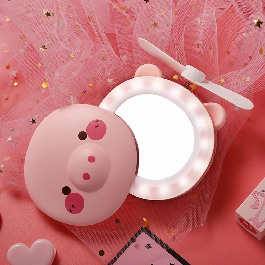 2Pcs LED Makeup Mirror with USB Rechargeable Multi Function Cartoon Pig Style Fan Portable Pocket Fan