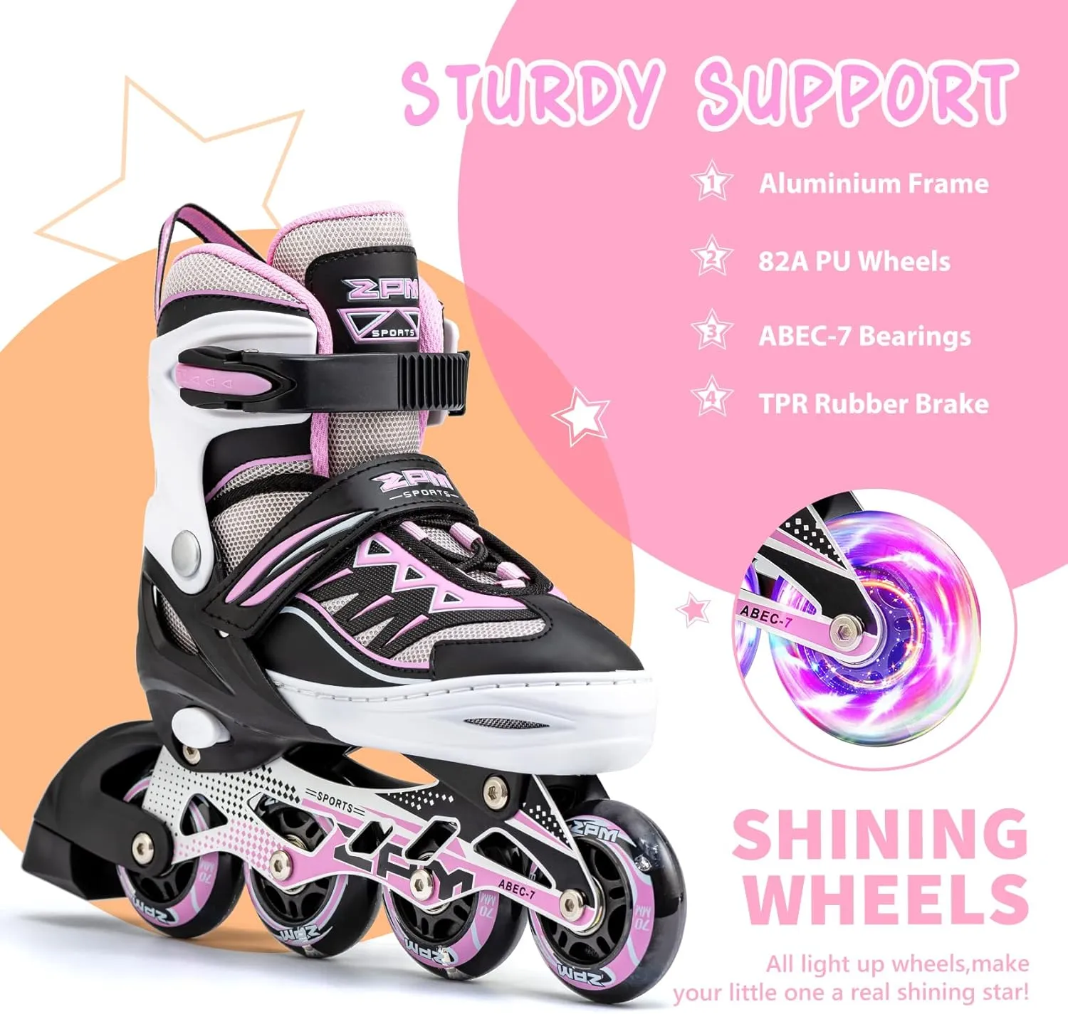 2PM SPORTS Cytia Pink Girls Adjustable Illuminating Inline Skates with Light up Wheels, Fun Flashing Beginner Roller Skates for Kids