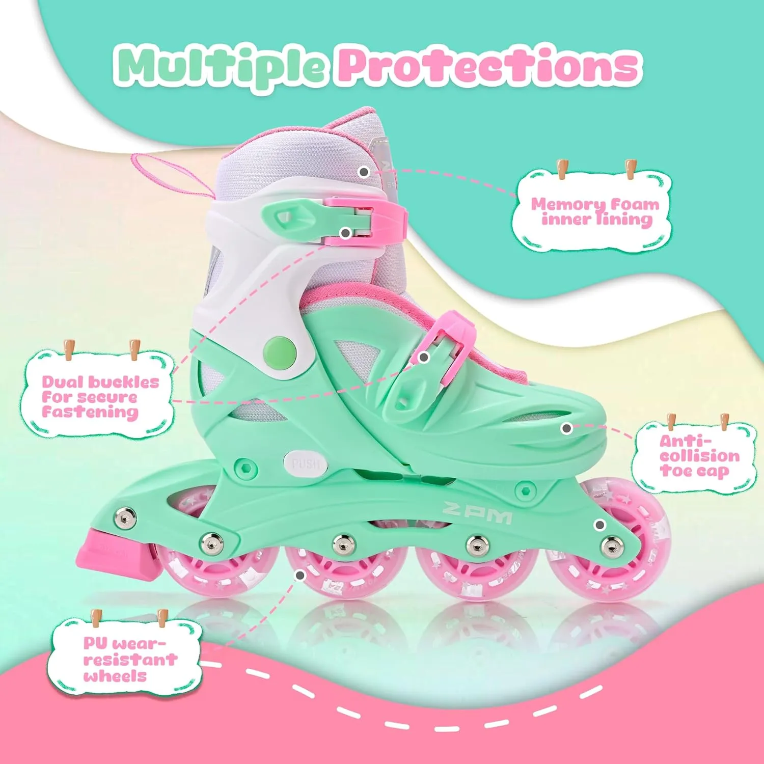 2PM SPORTS Inline Skates with Light Up Wheels, Roller Skates Blades for Boys Girls Kids Ages 5-8 8-12 4-6 6-12, Size Adjustable Beginner Blades Roller Skates for Youth Women Beginner Friendly