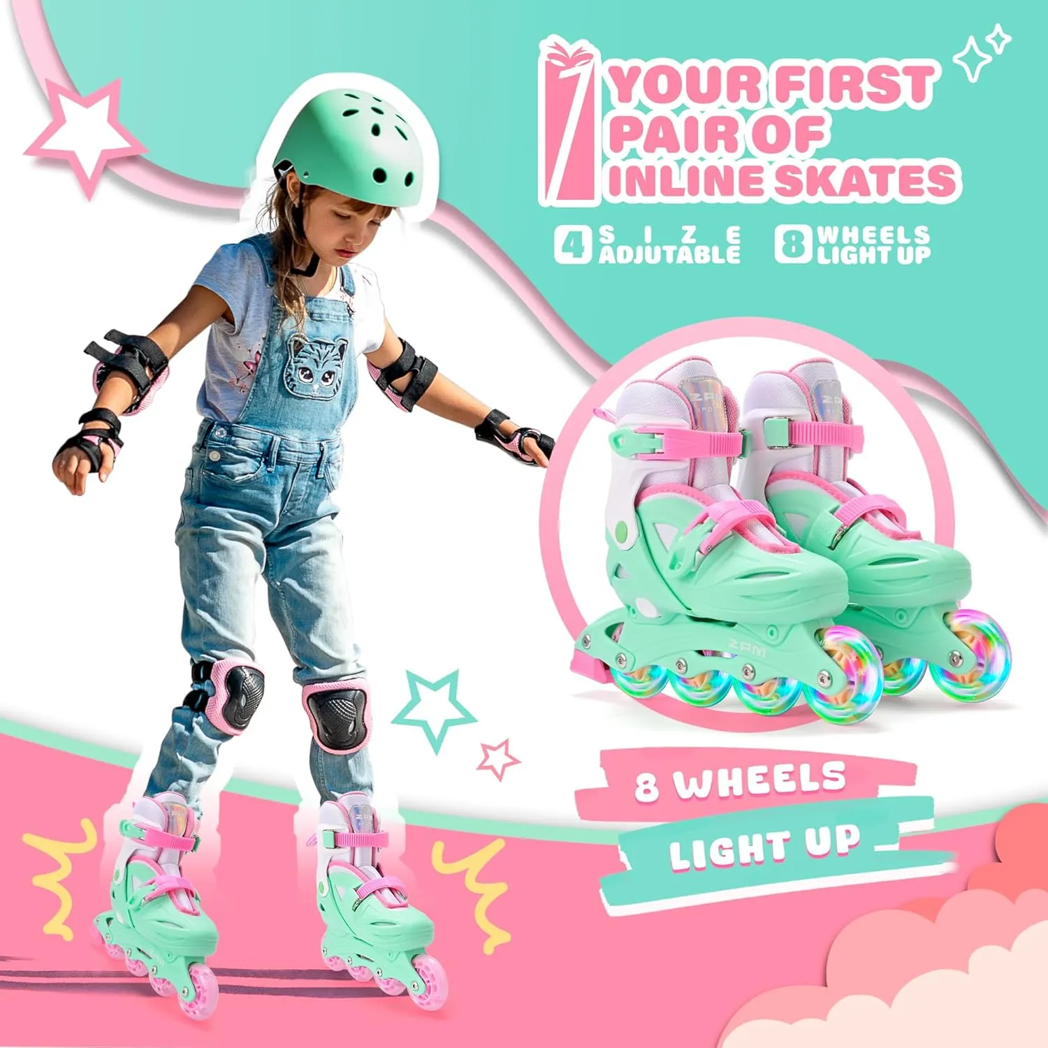2PM SPORTS Inline Skates with Light Up Wheels, Roller Skates Blades for Boys Girls Kids Ages 5-8 8-12 4-6 6-12, Size Adjustable Beginner Blades Roller Skates for Youth Women Beginner Friendly