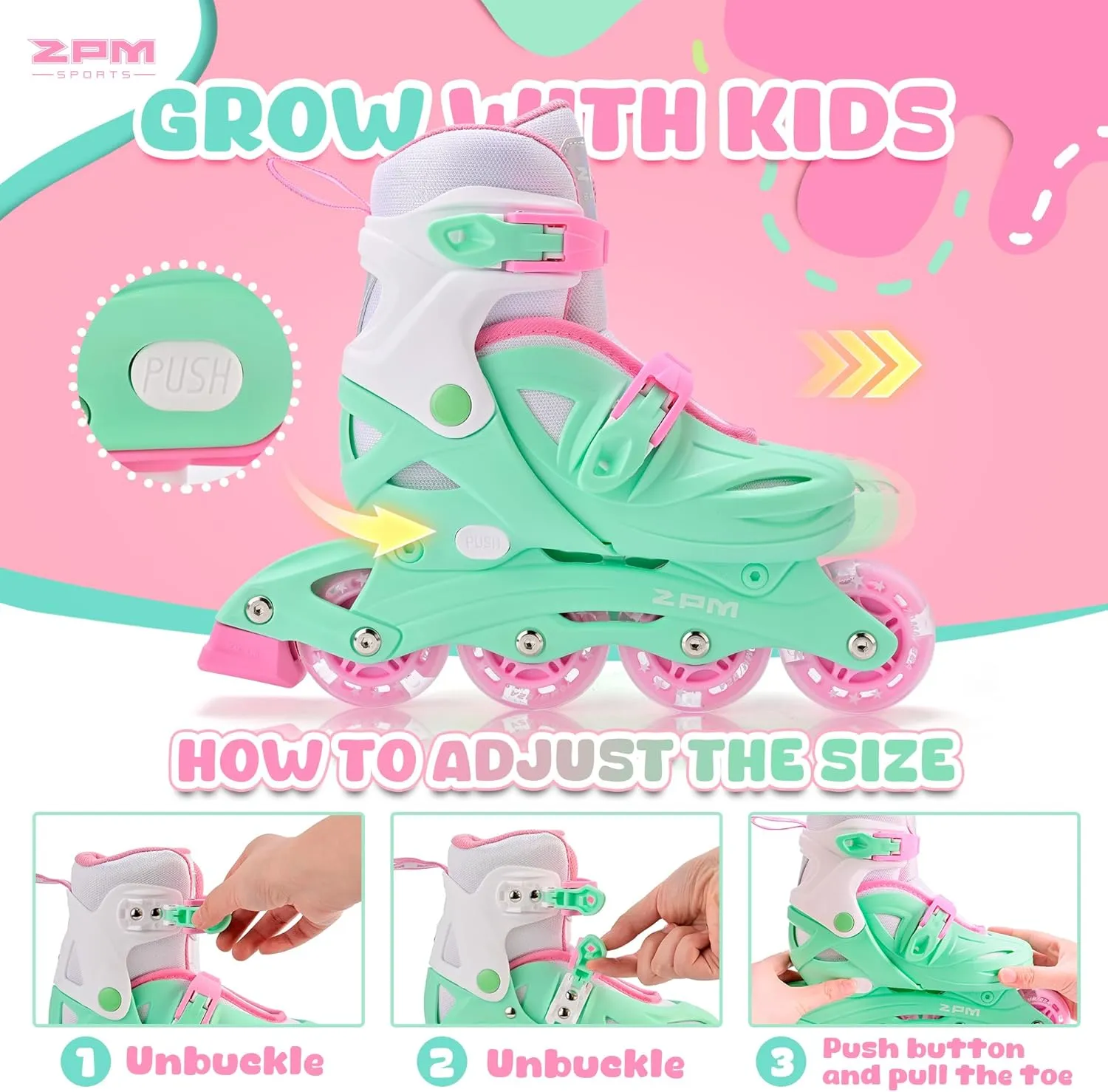 2PM SPORTS Inline Skates with Light Up Wheels, Roller Skates Blades for Boys Girls Kids Ages 5-8 8-12 4-6 6-12, Size Adjustable Beginner Blades Roller Skates for Youth Women Beginner Friendly