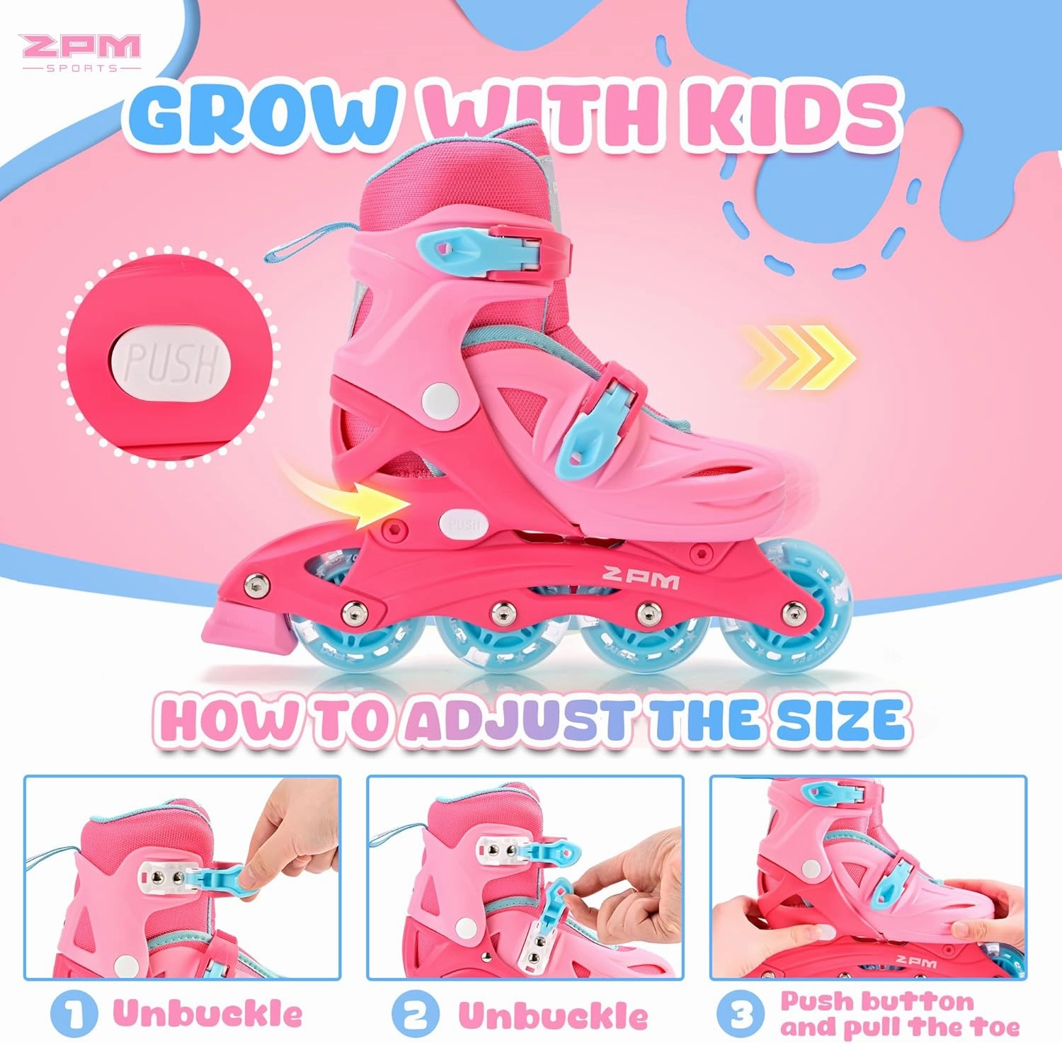 2PM SPORTS Inline Skates with Light Up Wheels, Roller Skates Blades for Boys Girls Kids Ages 5-8 8-12 4-6 6-12, Size Adjustable Beginner Blades Roller Skates for Youth Women Beginner Friendly