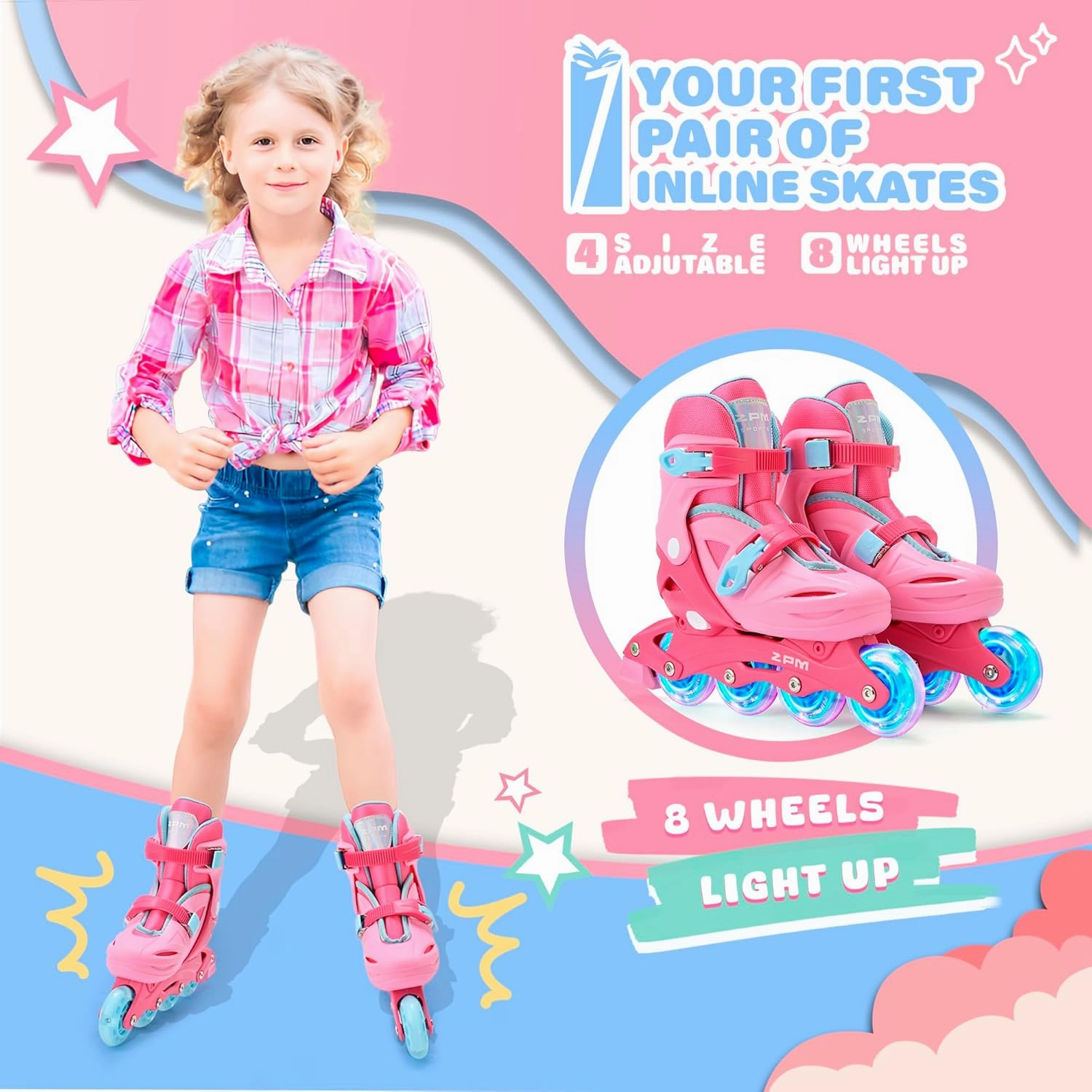 2PM SPORTS Inline Skates with Light Up Wheels, Roller Skates Blades for Boys Girls Kids Ages 5-8 8-12 4-6 6-12, Size Adjustable Beginner Blades Roller Skates for Youth Women Beginner Friendly