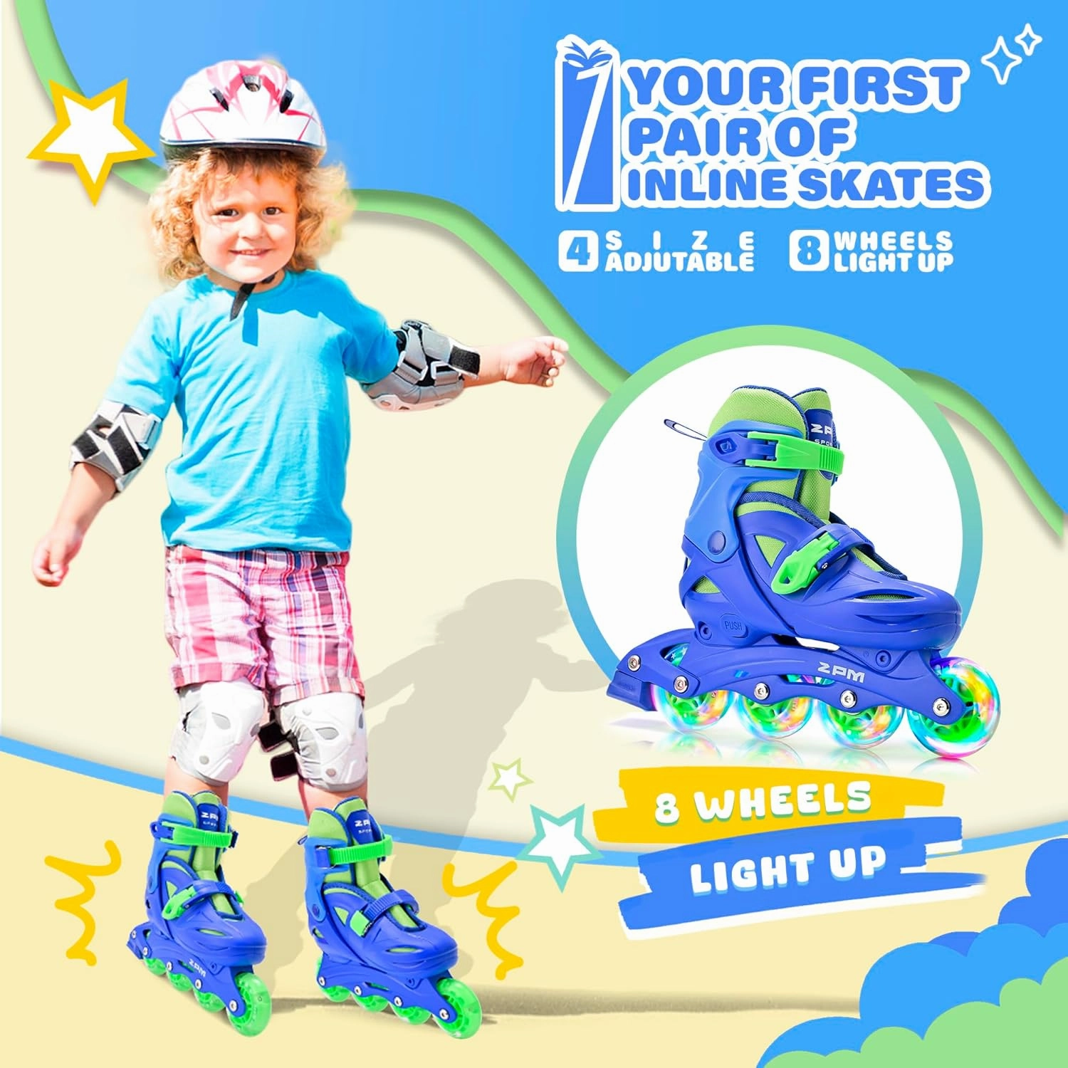 2PM SPORTS Inline Skates with Light Up Wheels, Roller Skates Blades for Boys Girls Kids Ages 5-8 8-12 4-6 6-12, Size Adjustable Beginner Blades Roller Skates for Youth Women Beginner Friendly
