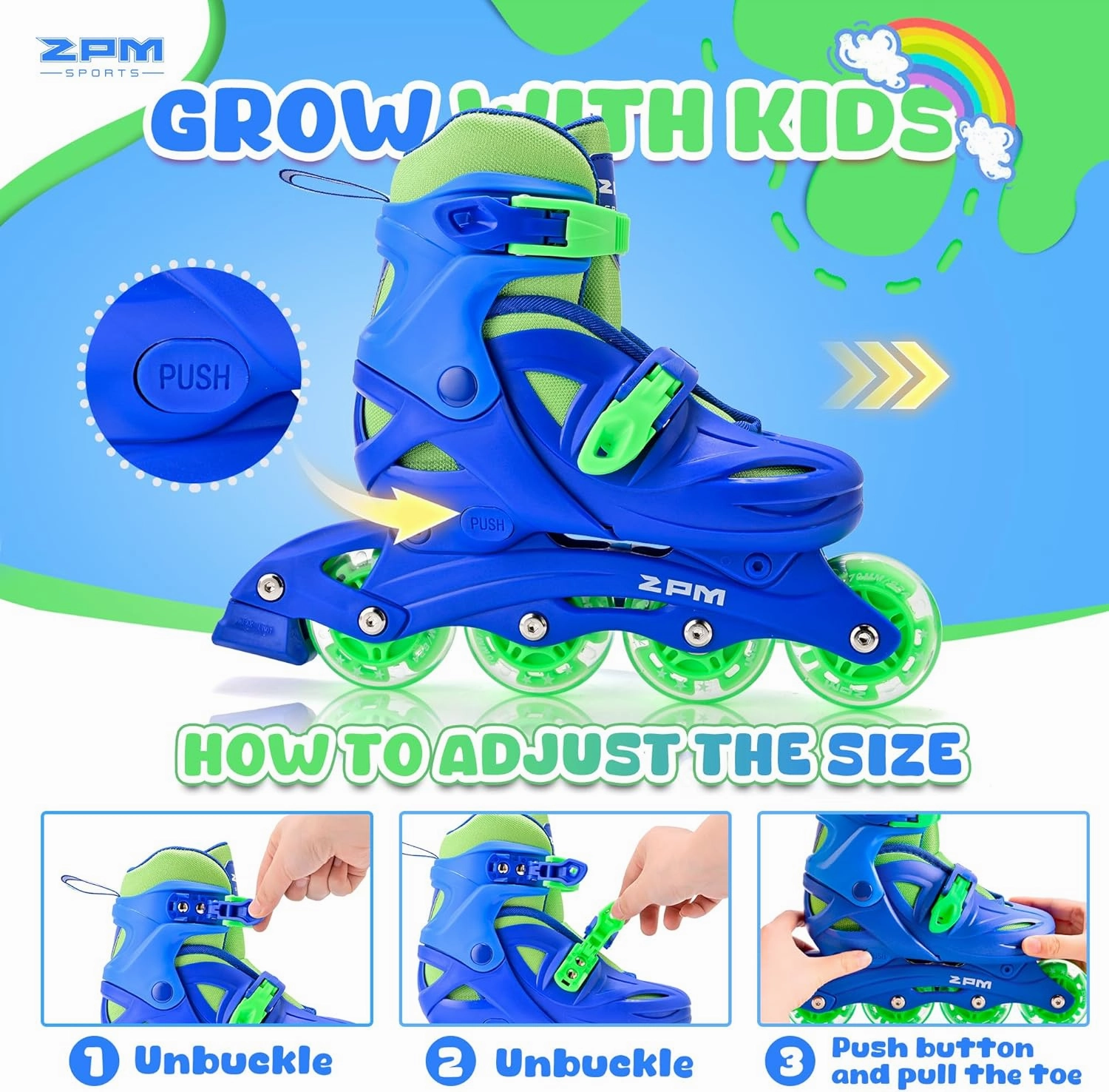 2PM SPORTS Inline Skates with Light Up Wheels, Roller Skates Blades for Boys Girls Kids Ages 5-8 8-12 4-6 6-12, Size Adjustable Beginner Blades Roller Skates for Youth Women Beginner Friendly