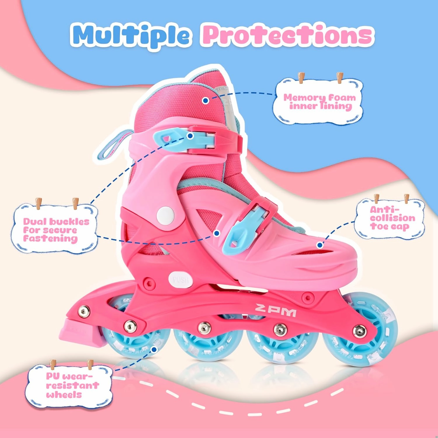 2PM SPORTS Inline Skates with Light Up Wheels, Roller Skates Blades for Boys Girls Kids Ages 5-8 8-12 4-6 6-12, Size Adjustable Beginner Blades Roller Skates for Youth Women Beginner Friendly