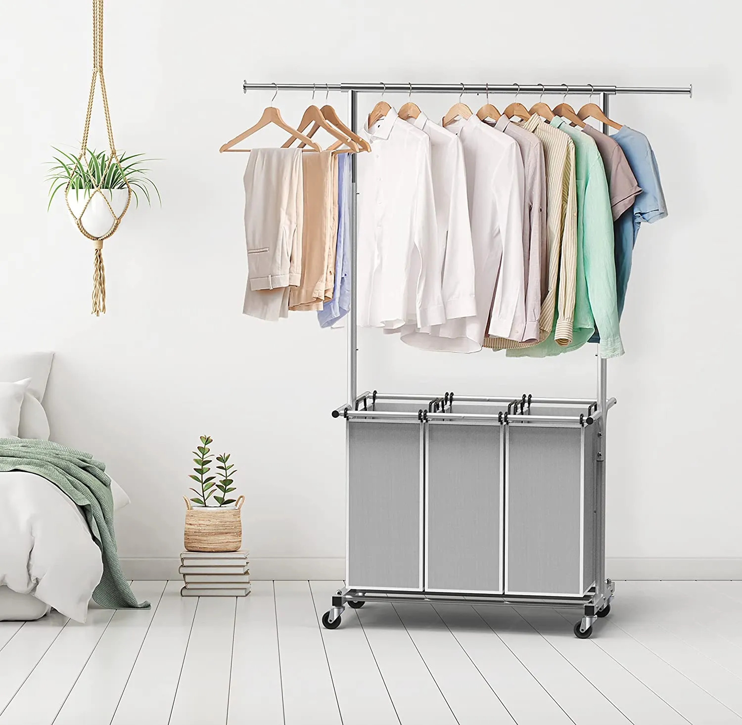 3 Bag Laundry Sorter Rolling Cart With Garment Rack, Laundry Organizer, Hampers
