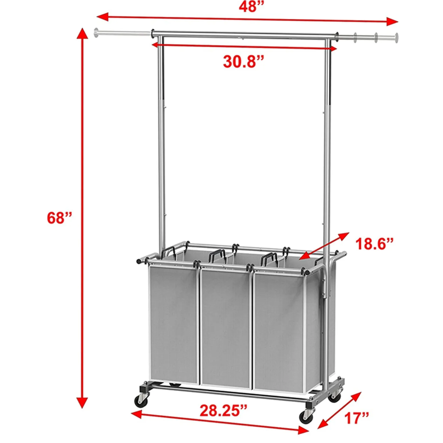 3 Bag Laundry Sorter Rolling Cart With Garment Rack, Laundry Organizer, Hampers