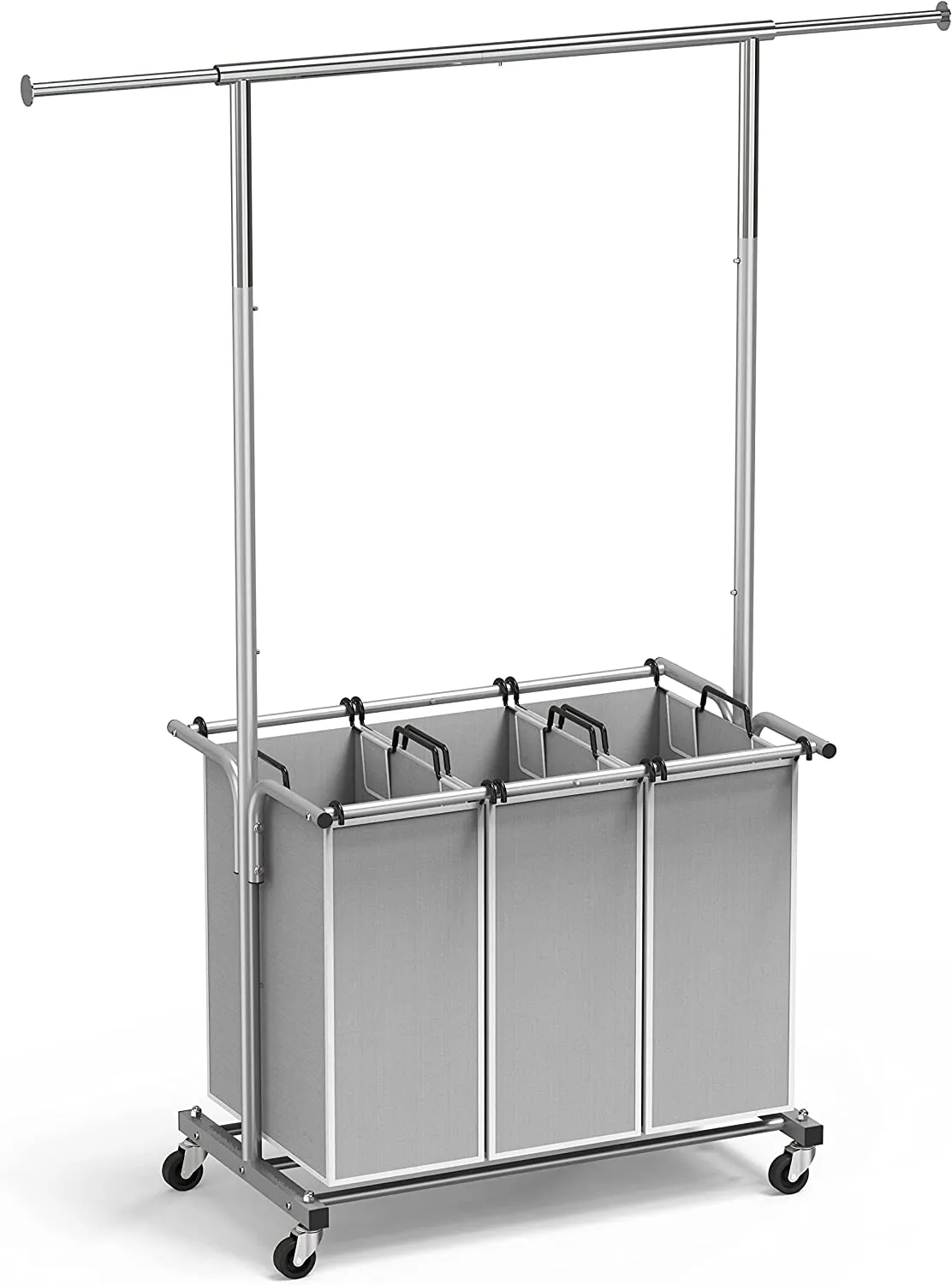 3 Bag Laundry Sorter Rolling Cart With Garment Rack, Laundry Organizer, Hampers