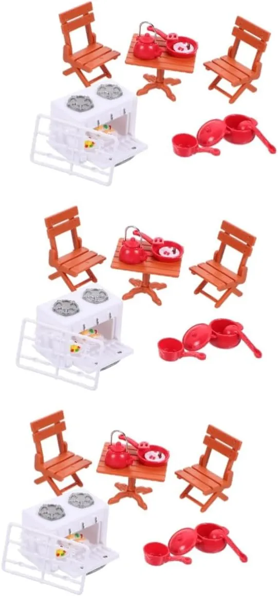 3 Sets Miniature Dollhouse Kit Mini Kitchen Dining Table Chair Set Gas Stove Mini Kitchen Accessories