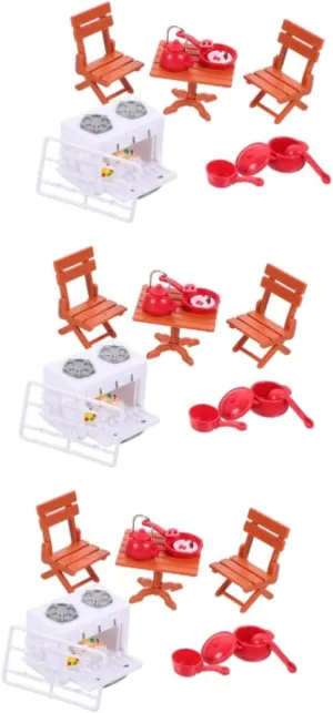 3 Sets Miniature Dollhouse Kit Mini Kitchen Dining Table Chair Set Gas Stove Mini Kitchen Accessories