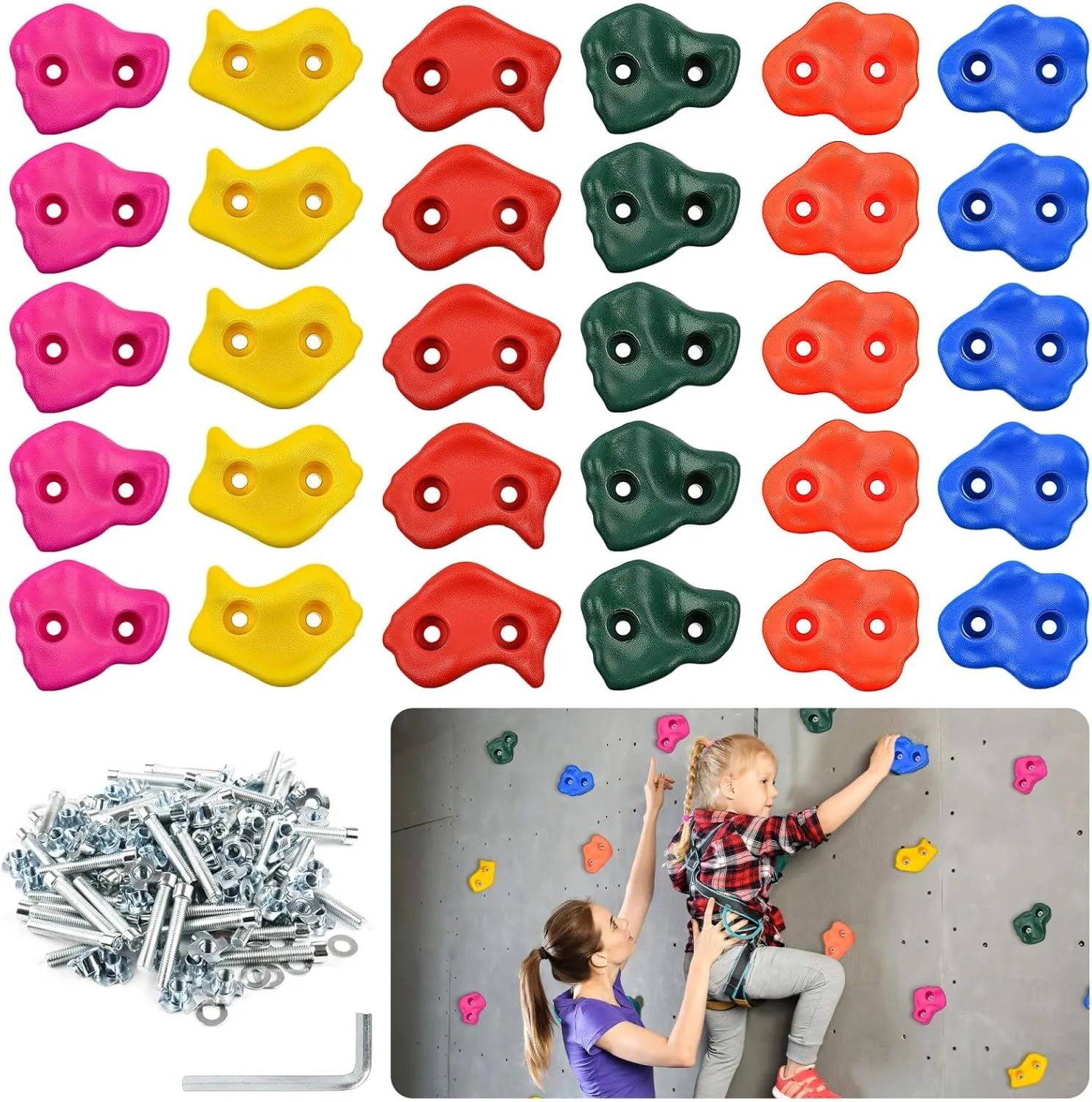 30PCS Rock Climbing Holds for Kids with Mounting Screws and Hardware - DIY Rock Wall Indoor & Outdoor Playground Accessories Wall Climbing Kit - Ages 3 (Medium)