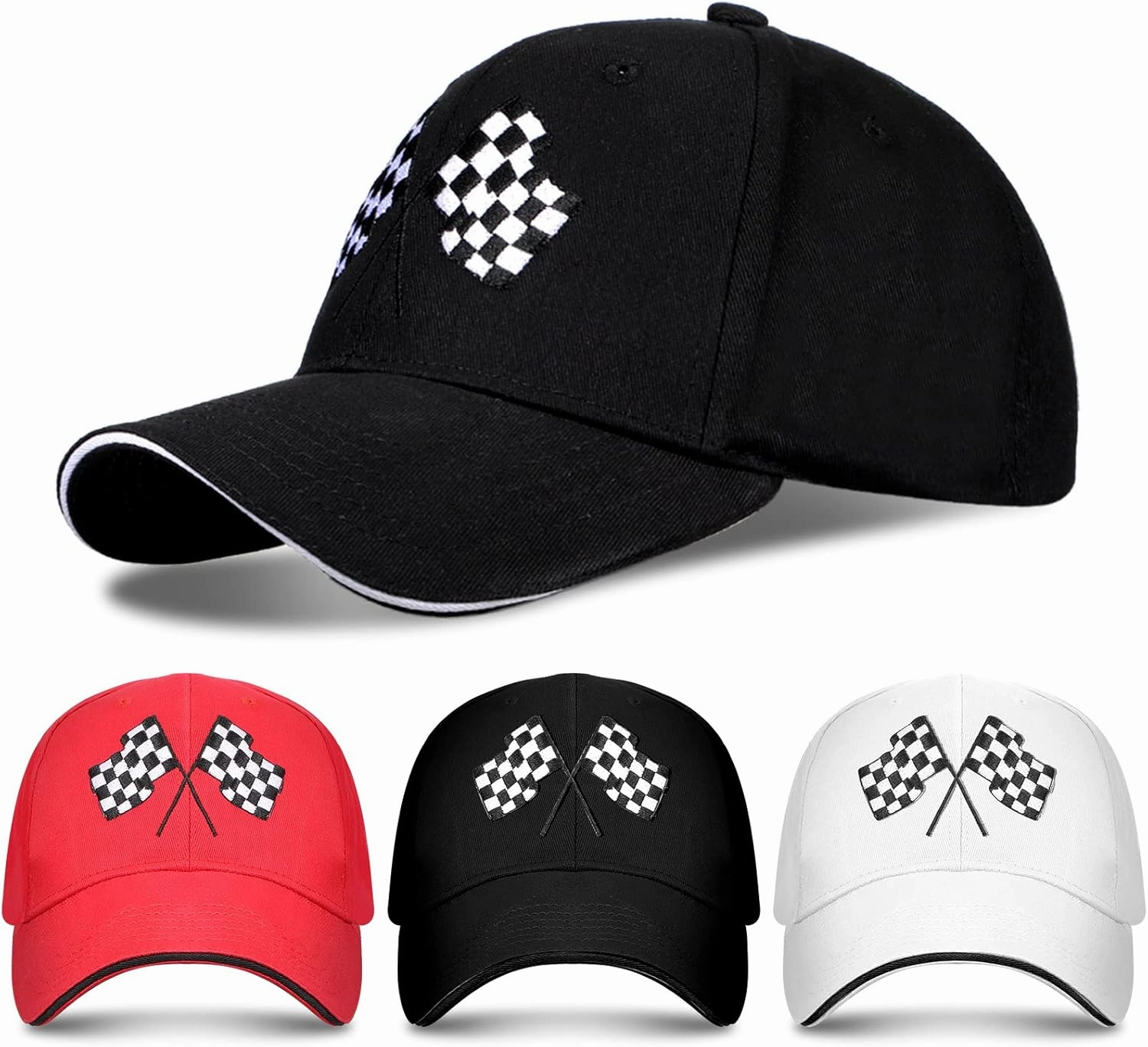 3 Pieces Baseball Cap for Men Women Checkered Flags Race Car Flag Adjustable Washable Trucker Hat Embroidery Unisex Dad Hat Sports Cap, White, Red, Black
