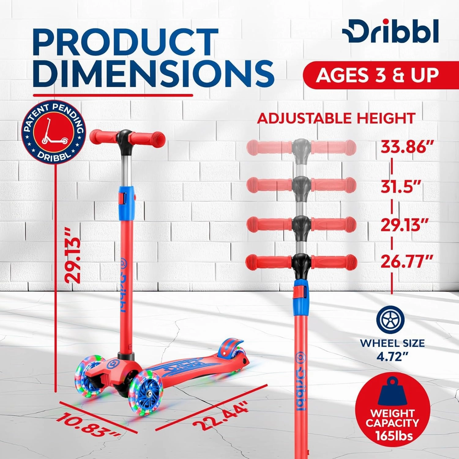 3-Wheel Kids Scooter - Lean-to-Steer Technology, Adjustable Height Handlebar, Anti-Slip Deck, Scooter for Boys & Girls Ages 3 , Child Safety Approved, Support Riders Up To 165 lbs, Red and Blue