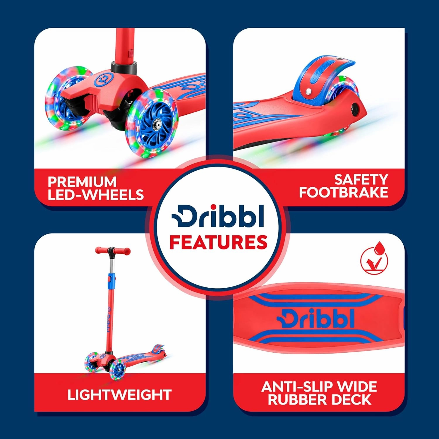 3-Wheel Kids Scooter - Lean-to-Steer Technology, Adjustable Height Handlebar, Anti-Slip Deck, Scooter for Boys & Girls Ages 3 , Child Safety Approved, Support Riders Up To 165 lbs, Red and Blue