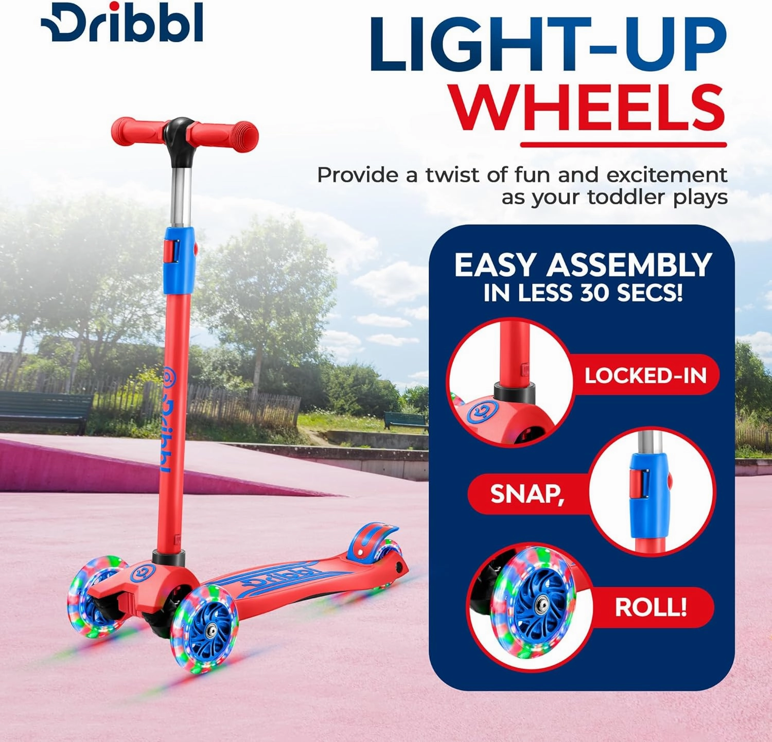 3-Wheel Kids Scooter - Lean-to-Steer Technology, Adjustable Height Handlebar, Anti-Slip Deck, Scooter for Boys & Girls Ages 3 , Child Safety Approved, Support Riders Up To 165 lbs, Red and Blue