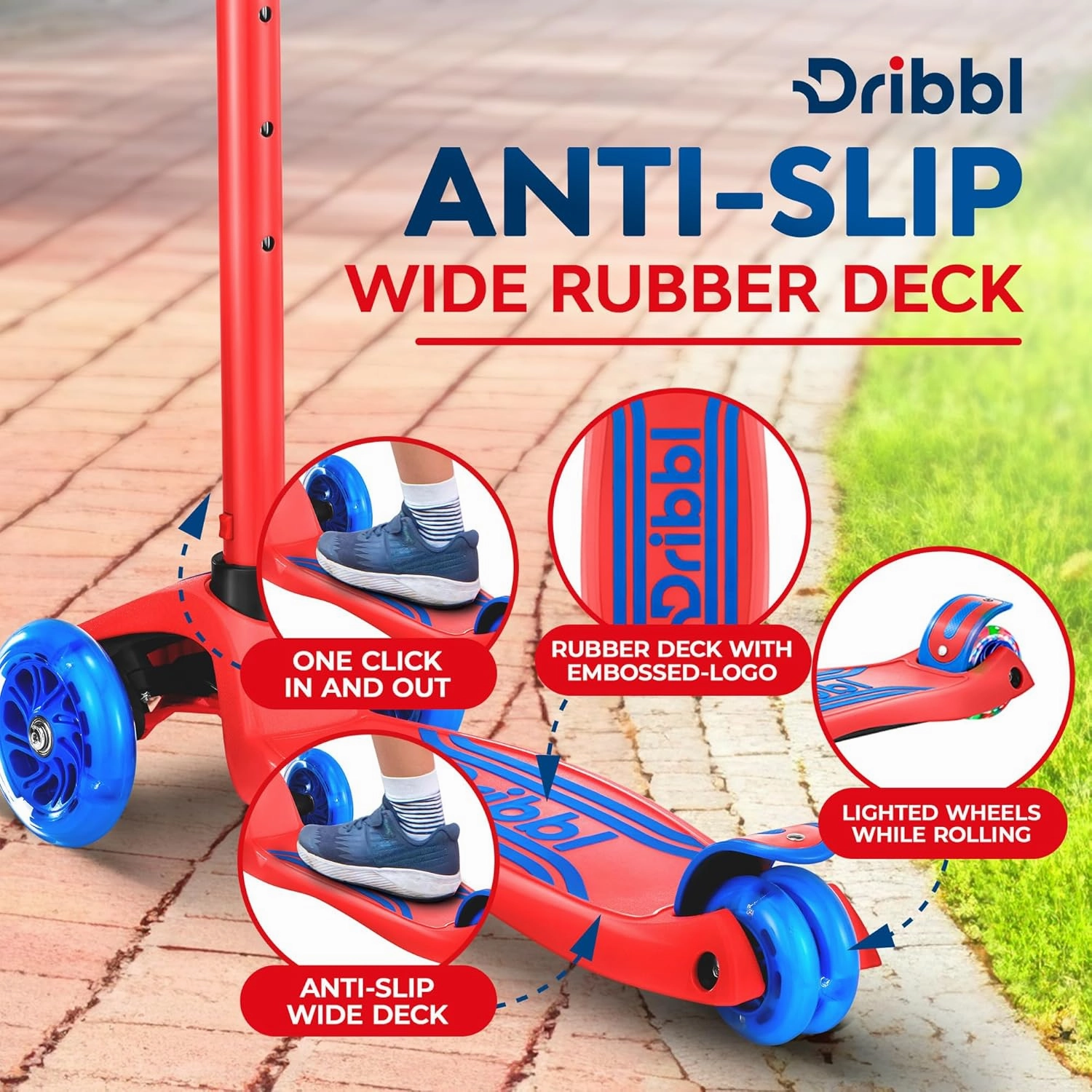 3-Wheel Kids Scooter - Lean-to-Steer Technology, Adjustable Height Handlebar, Anti-Slip Deck, Scooter for Boys & Girls Ages 3 , Child Safety Approved, Support Riders Up To 165 lbs, Red and Blue