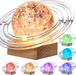 3D Crystal Puzzle, 40PCS Saturn Assembly Brain Teaser with Light-Up Wood Base, Plastic Saturn DIY Puzzle Blocks 3D Model Toy for Kid 14  (White)