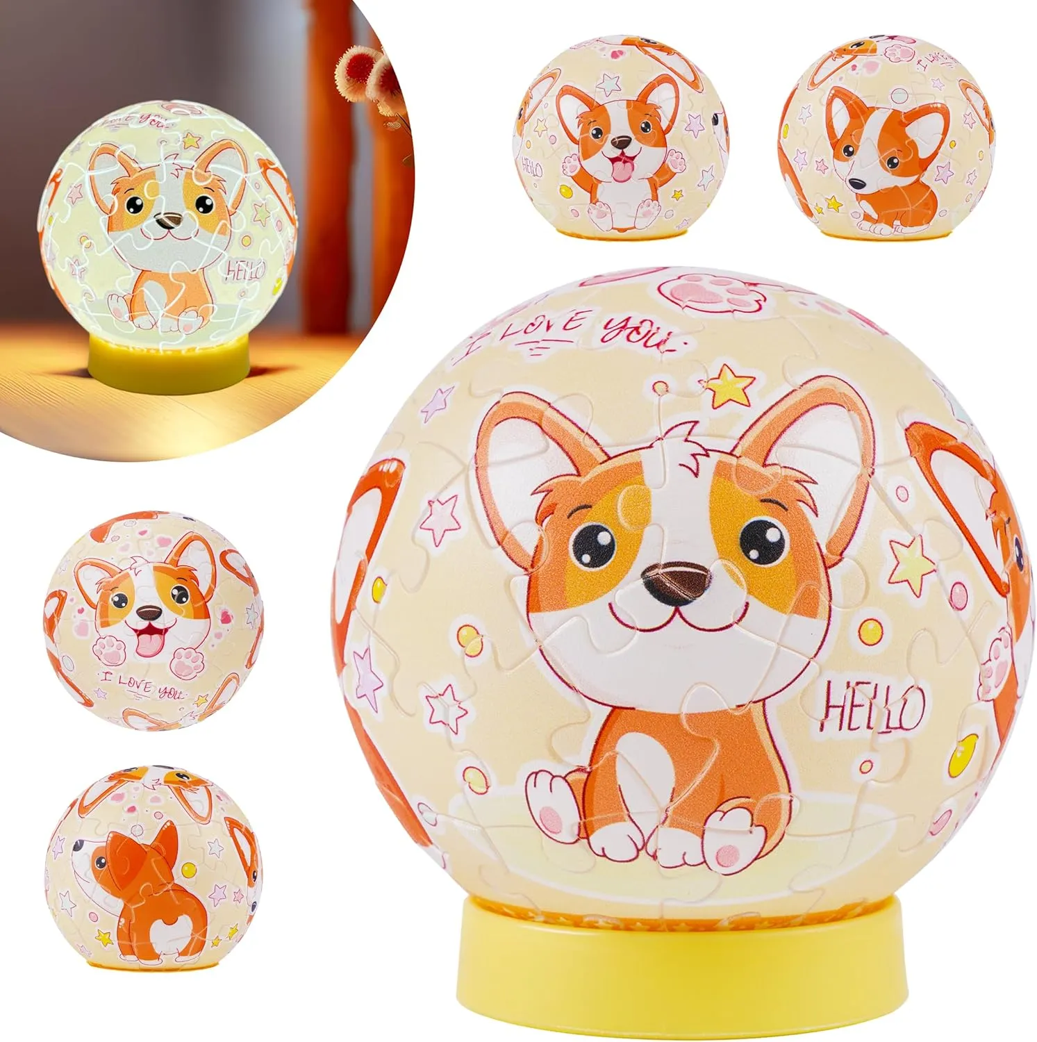 3D Puzzle Ball Nightlight for Kids Ages 6-12, Corgi Puzzle 61 Piece Christmas Brithday Gifts for Kids, Corgi Gifts for Corgi Lovers