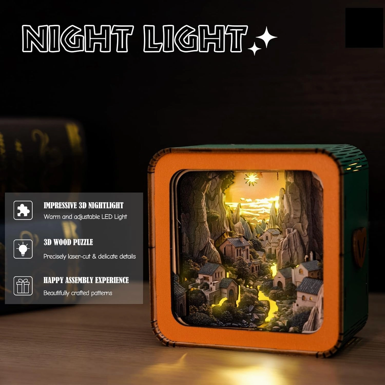 3D Puzzle Nightlight-DIY LED Light Canyon Village Wooden Puzzle-Art Lamp and Craft Kits for Kids and Adults-Birthday Gifts Toys-Home Desk Decor Family Game