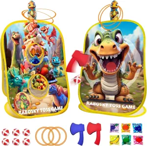 4-in-1 Dinosaur Toddlers Outdoor Activities Toss Games Toys, Birthday Christmas Party Gifts for Boys 3 4 5 Year Olds, Backyard Outside Kids Fruit Bean Bags Axes Rings Sticky Balls Throwing Toys