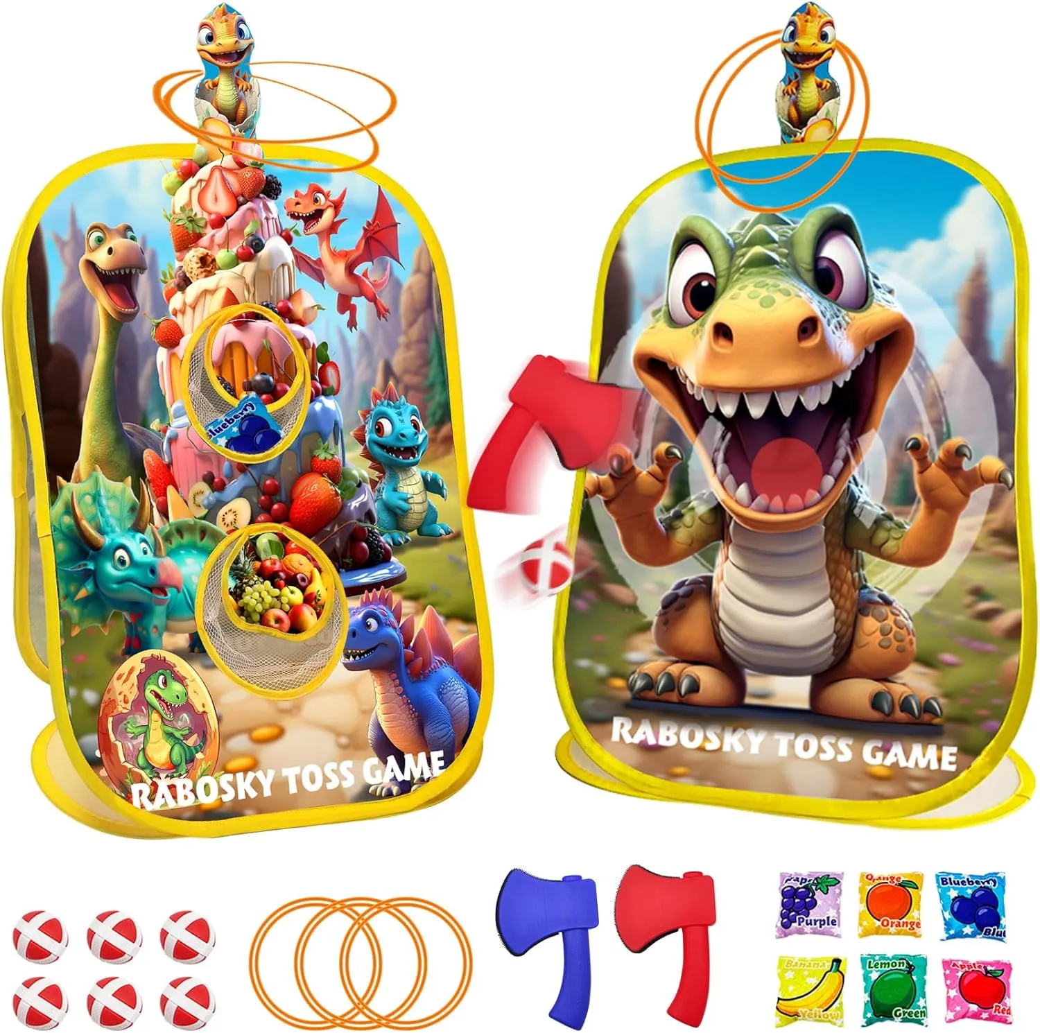 4-in-1 Dinosaur Toddlers Outdoor Activities Toss Games Toys, Birthday Christmas Party Gifts for Boys 3 4 5 Year Olds, Backyard Outside Kids Fruit Bean Bags Axes Rings Sticky Balls Throwing Toys