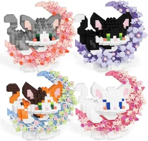 4 in 1 Mini Cat Building Block Set Animals with Flower and Moon, 1819 Pieces Micro Brick Toy Cats, Creative Art Craft and Home Decor, Birthday Gifts Idea for Kids Adults Boys Girls 8 