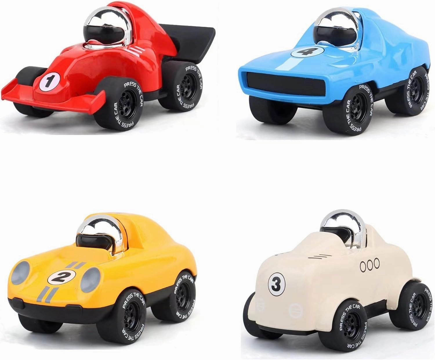 4-Pack Alloy Press and Go Toy Cars, Die-cast Collectible Model Race Cars, Birthday Christmas Holiday Party Gift for Kids 3 , Adults, and Collectors, Multi-Color (Cars #1 to #4)