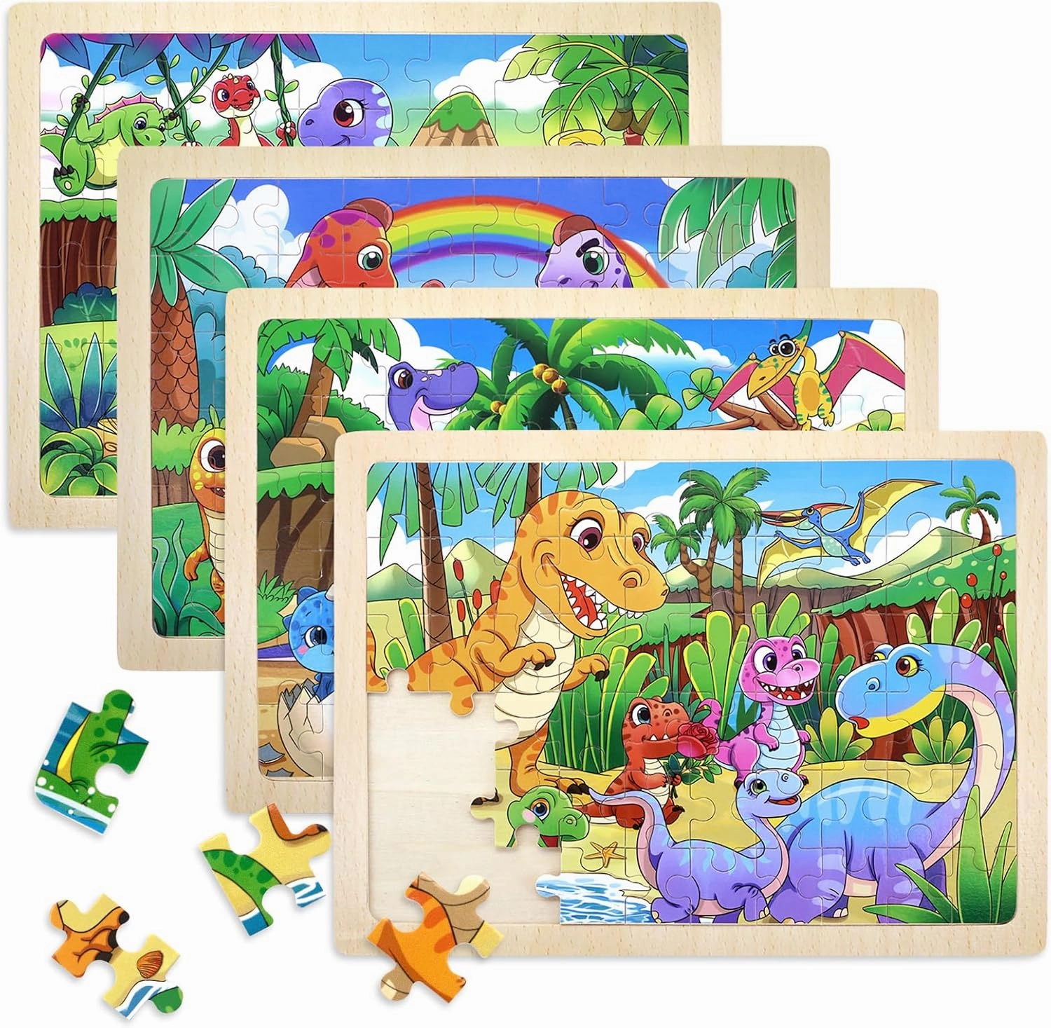 4 Packs Puzzles Dinosaur Toys for Kids 3-5, 60 Piece Wooden Dinosaur Toddler Puzzles for Kids Ages 4-6, Wood Jigsaw Puzzles Preschool Educational Brain Teaser Boards for Boys Girls 3 4 5 6 Years