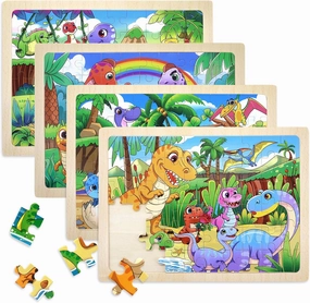 4 Packs Puzzles Dinosaur Toys for Kids 3-5, 60 Piece Wooden Dinosaur Toddler Puzzles for Kids Ages 4-6, Wood Jigsaw Puzzles Preschool Educational Brain Teaser Boards for Boys Girls 3 4 5 6 Years