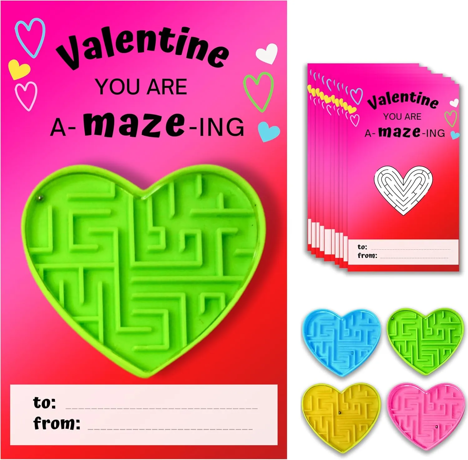 4E's Novelty 72 Pack Valentines Day Cards Gifts for Kids Classroom Heart Mazes Set, School Exchange Toy Bulk Party Favors for Boys Girls