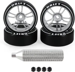 4Pcs 10 Spoke 22.4mm 1/28 Rc Car Drift Wheel Hub with Logo Rc Car Drift Tires,[2N 2W] Durable for 1/28 Mini-Q HGD1 Mini-Z DRZ Wltoys K969 RC Drift Car Upgrade Parts (Silver)