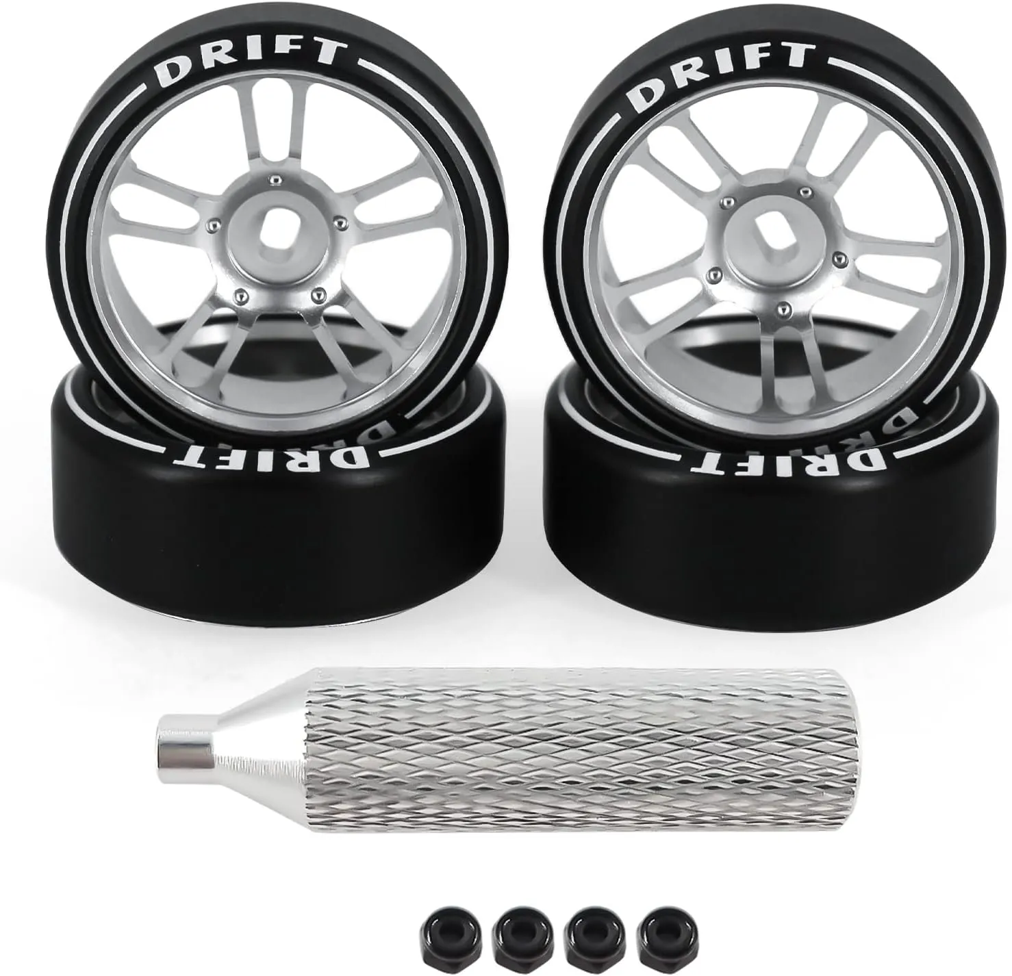 4Pcs 10 Spoke 22.4mm 1/28 Rc Car Drift Wheel Hub with Logo Rc Car Drift Tires,[2N 2W] Durable for 1/28 Mini-Q HGD1 Mini-Z DRZ Wltoys K969 RC Drift Car Upgrade Parts (Silver)