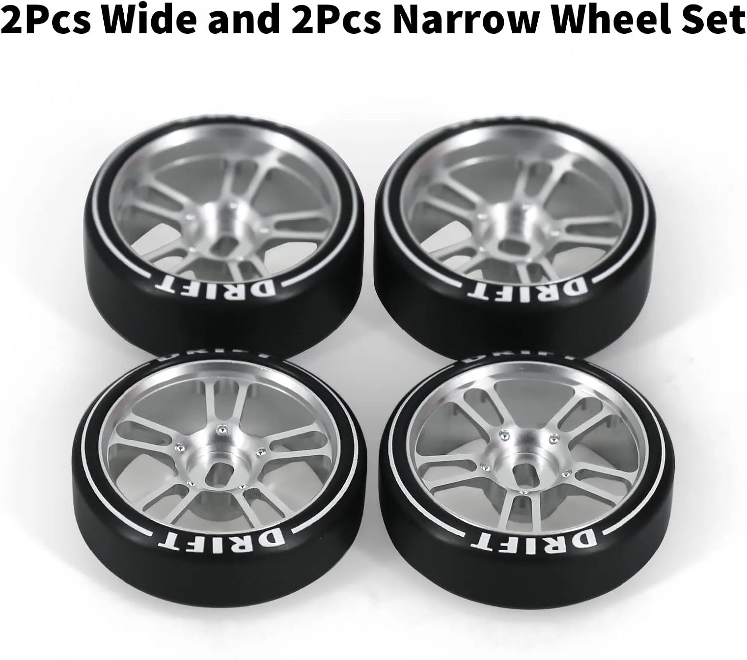 4Pcs 10 Spoke 22.4mm 1/28 Rc Car Drift Wheel Hub with Logo Rc Car Drift Tires,[2N 2W] Durable for 1/28 Mini-Q HGD1 Mini-Z DRZ Wltoys K969 RC Drift Car Upgrade Parts (Silver)