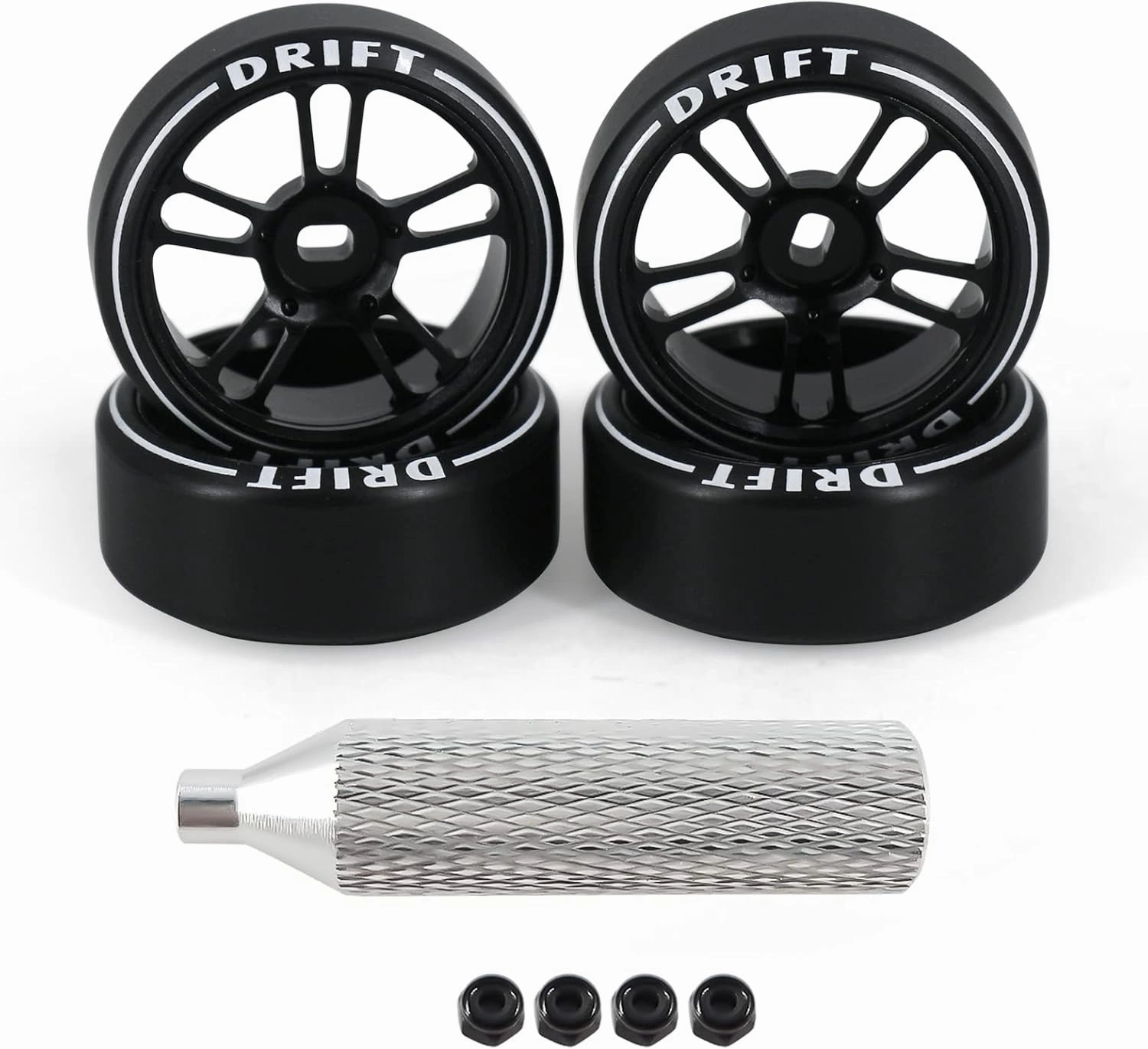 4Pcs 10 Spoke 22.4mm 1/28 Rc Car Drift Wheel Hub with Logo Rc Car Drift Tires,[2N 2W] Durable for 1/28 Mini-Q HGD1 Mini-Z DRZ Wltoys K969 RC Drift Car Upgrade Parts (Black)