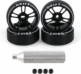 4Pcs 10 Spoke 22.4mm 1/28 Rc Car Drift Wheel Hub with Logo Rc Car Drift Tires,[2N 2W] Durable for 1/28 Mini-Q HGD1 Mini-Z DRZ Wltoys K969 RC Drift Car Upgrade Parts (Black)