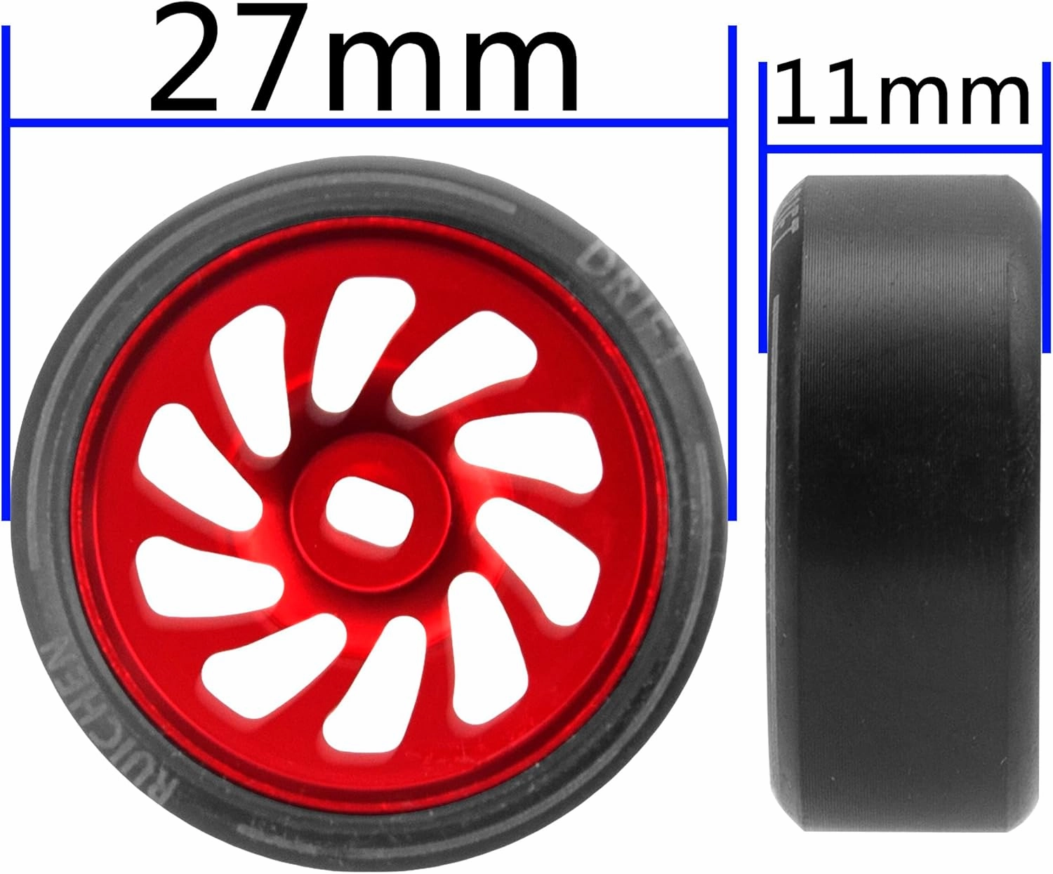 4PCS ShareGoo 1/28 RC Drift Wheels Metal Rims & Plastic 1/28 Drift Tires Compatible with 1/28 Wltoys K969 K989 P929 Kyosho Mini-Z Mini-Q RC Scale Drift Car (Red)