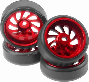 4PCS ShareGoo 1/28 RC Drift Wheels Metal Rims & Plastic 1/28 Drift Tires Compatible with 1/28 Wltoys K969 K989 P929 Kyosho Mini-Z Mini-Q RC Scale Drift Car (Red)