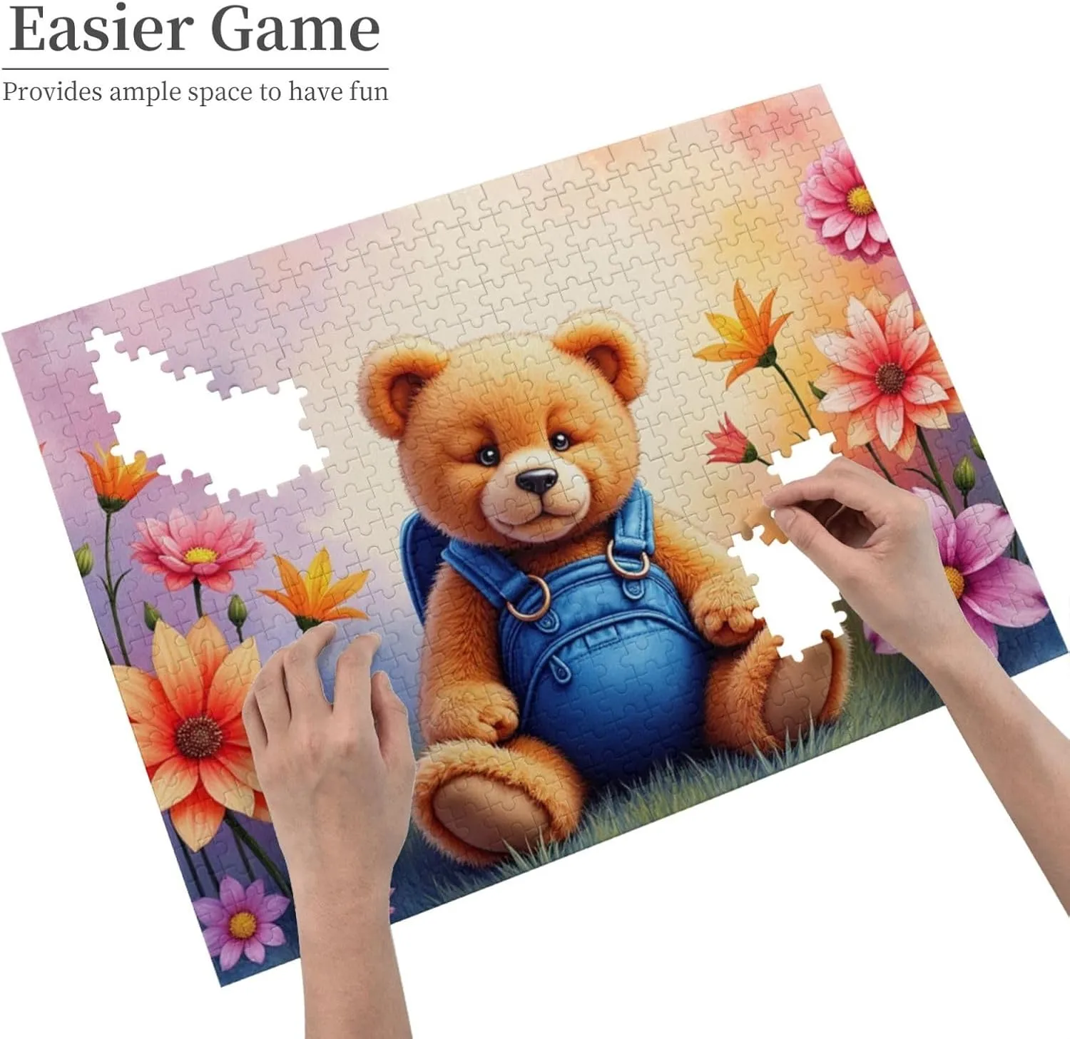 500 Piece Jigsaw Puzzle for Adults Cute Teddy Bear with Backpack in Flower Garden Challenging and Relaxing Puzzles Fun Brain Exercise Great Gift Idea