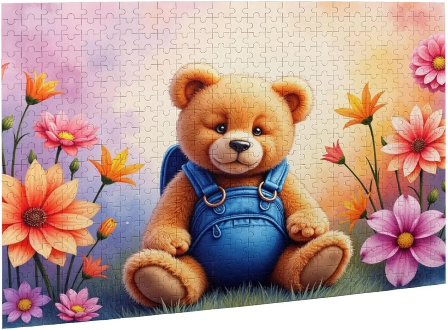 500 Piece Jigsaw Puzzle for Adults Cute Teddy Bear with Backpack in Flower Garden Challenging and Relaxing Puzzles Fun Brain Exercise Great Gift Idea
