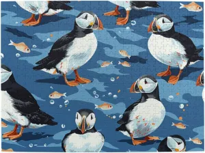 500 Piece Wooden Jigsaw Puzzle for Adults - Cute Puffins and Small Fish Birds Ocean Blue Puzzle, Impossible Challenging Difficult Puzzles,